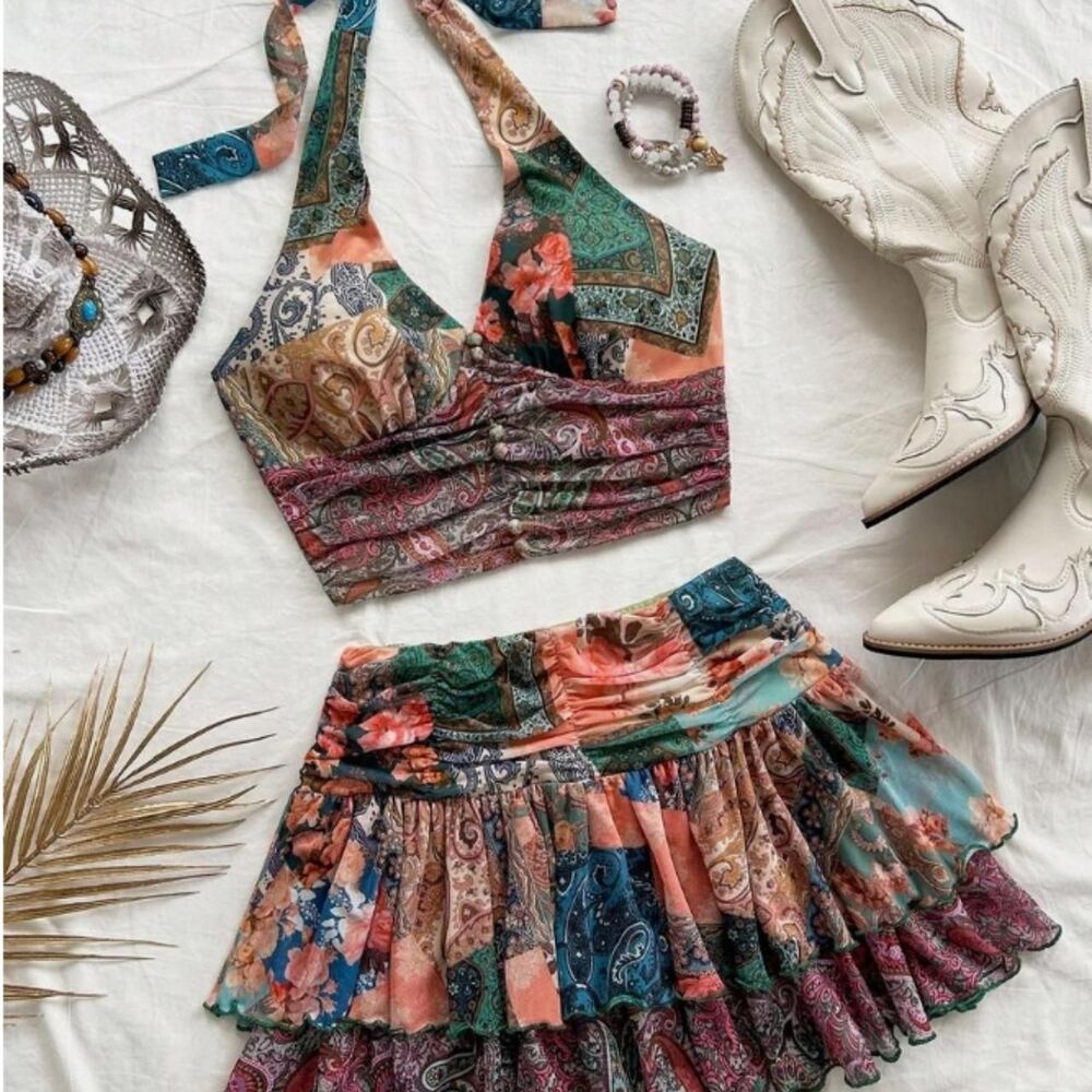 Coquette Mesh Halter Skirt Set | Y2K Pleated Mini Two Piece Vacation Outfit